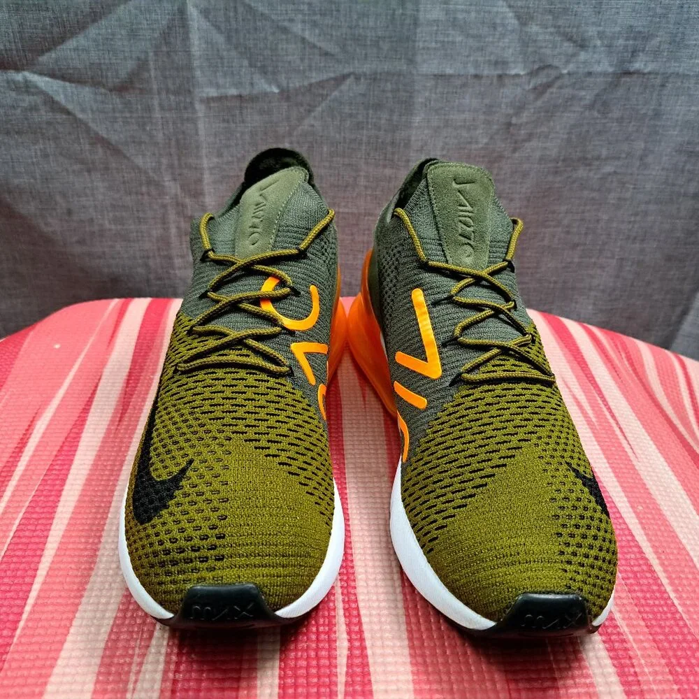 ! Nike Air Max 270 Flyknit Men 10.5 Olive Green Orange Men's Athletic Sneakers - Picture 2 of 14